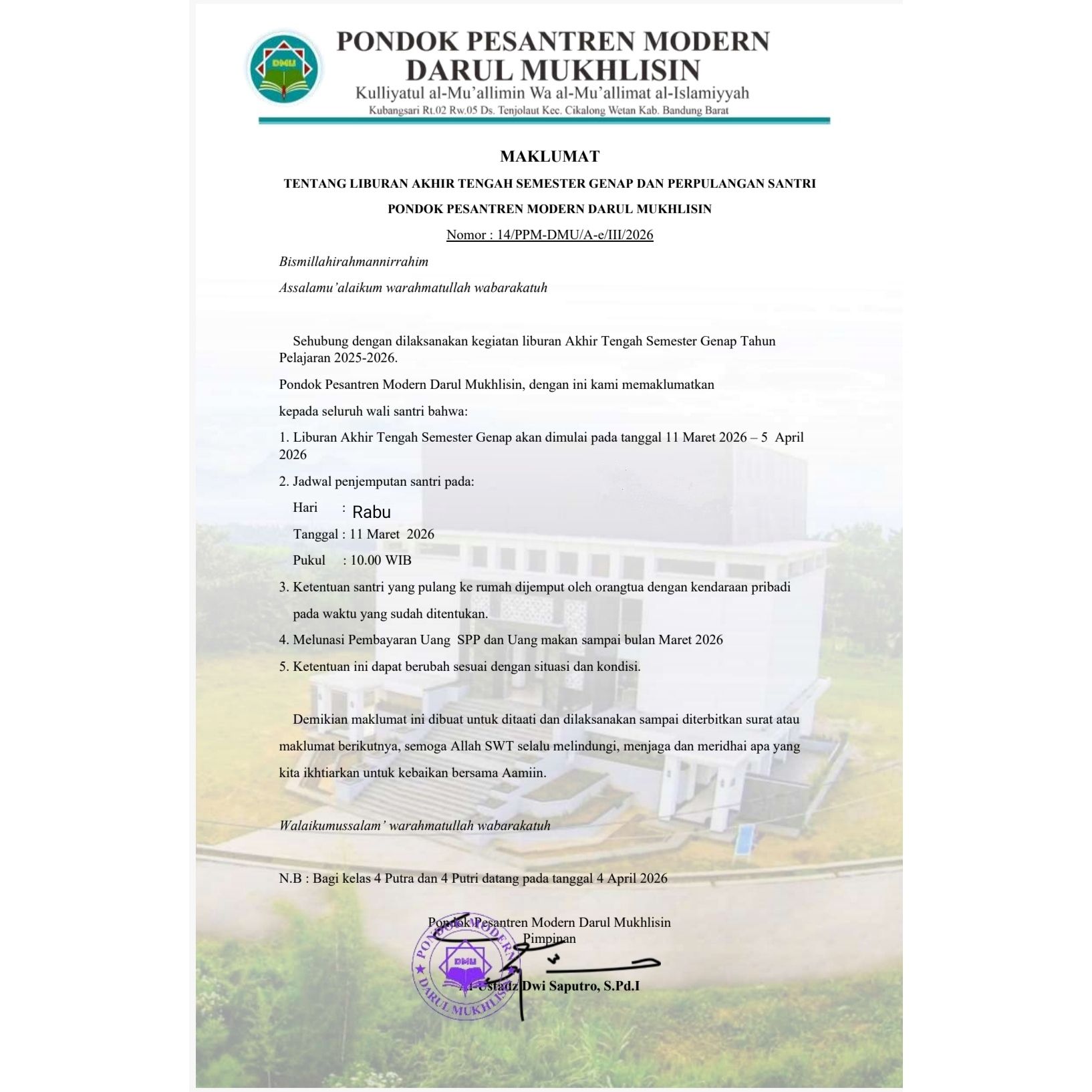 Maklumat Libur Akhir Tengah Semester Genap 2025/2026 Pondok Pesantren Modern Darul Mukhlisin