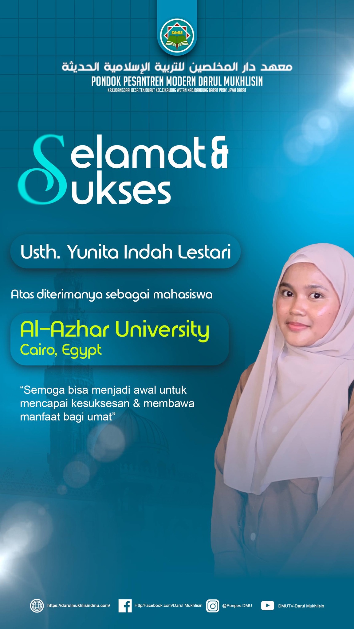 Ustazah Yunita Indah Lestari Diterima di Al-Azhar University Kairo Mesir